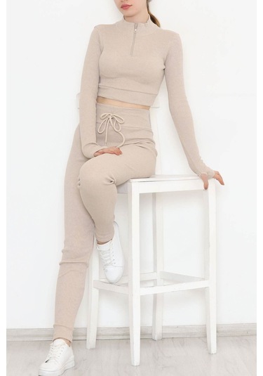 Mokashopin - Fermuarlı Crop Takım Bej - 12130.1748. 001