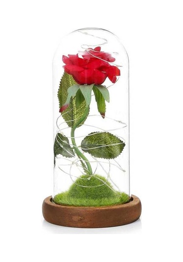 Ulzyvf Led Işıklı Ahşap Tablalı Dekoratif Cam Kubbeli Suni Gül - Romantik Hediye