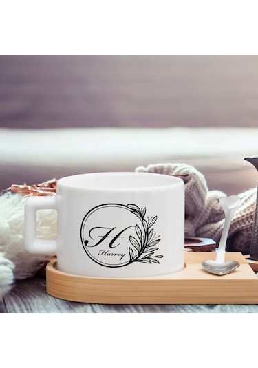 Bk Gift Kişiye Özel Baş Harf İsimli Ahşap Altlıklı Seramik Fincan-5 , Meslek Hediyesi, Yeni İş Hediyesi Kobitmeyen138074 Bk Gift