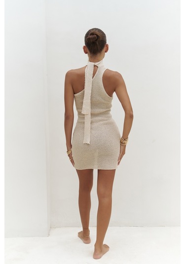 Budah Asimetrik Triko Bej Mini Elbise Bej