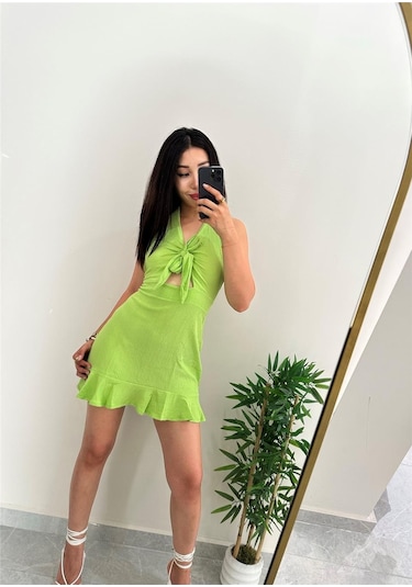 Simli Moda Sırt Dekolteli Önü Bağlamalı Bürümcük Yeşil Elbise Yeşil