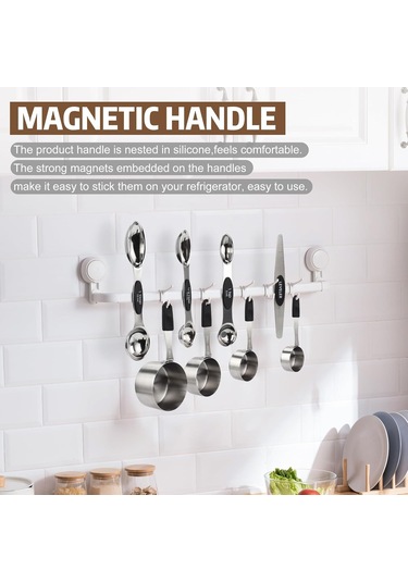 Gajeena Magnetik Paslanmaz Çelik Ölçü Kupa Ve Kaşık Seti 5 Kupa + 8 Çift Taraflı Kaşık + Düzeltici - 13 Parça Tam Ölçüm Aleti Gümüş