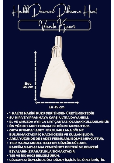 Viente Krem Hakiki Deri Kadın El Omuz Ve Sırt Çantası Krem