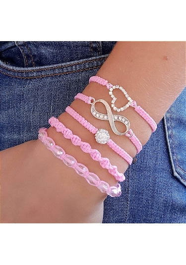 Pembe Sonsuzluk - Kalp- Kristal Makrome Ip Bileklik Takımı Set Pembe