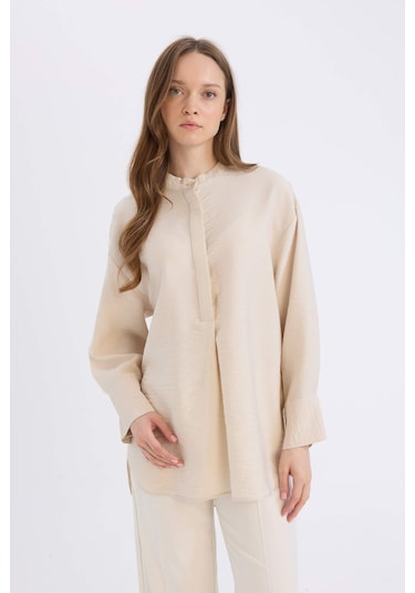 DeFacto Relax Fit Hakim Yaka Basic Düz Uzun Kollu Tesettür Gömlek Tunik E1757AX25SPBG702