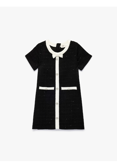 Koton Bol Kalıp Bisiklet Yaka Düğmeli Kurdele Detaylı Kısa Kollu Elbise Siyah 6wkg80033aw Siyah