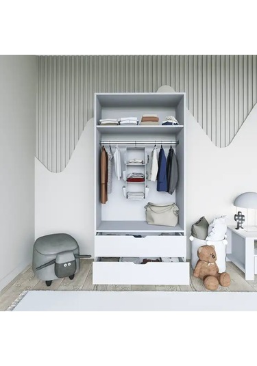 Duru 90 Cm Mat Beyaz 2 Kapılı 2 Çekmeceli Elbise Dolabı - Gardırop Beyaz