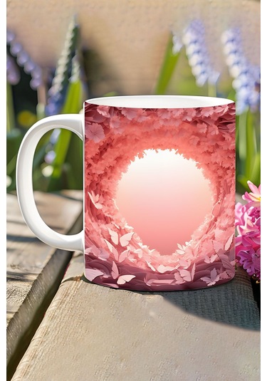 3d Görünümlü Pembe Çiçek Ve Kelebekler No:27 3d Tasarım Baskılı Kupa Bardak Mug Bakır