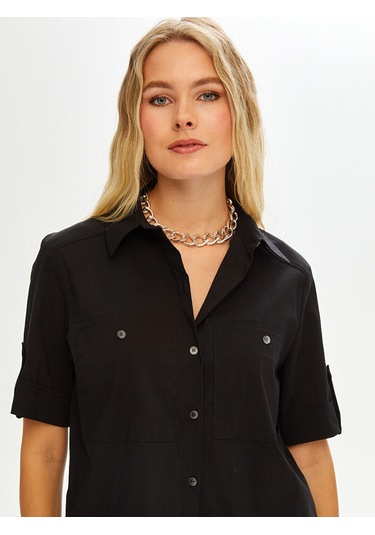 Faik Sönmez Kadın Kısa Kollu Stretch Poplin Gömlek U68358 Antrasit