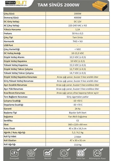 Mexxsun 12V Volt 2000W Watt Tam Sinüs 220 Çevirici İnverter