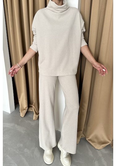 Modagen Kadın Selanik Kumaş Balıkçı Yaka Alt Üst Takım Bej