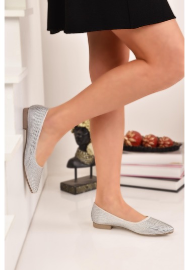 İnce Topuklu Şık Kadın Günlük Babet Ayakkabı Ev Babeti Gümüş