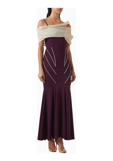 Ac By Aanchal Chanda Off - Shoulder Pileli Maxi Kadın Elbise Koyu Mor