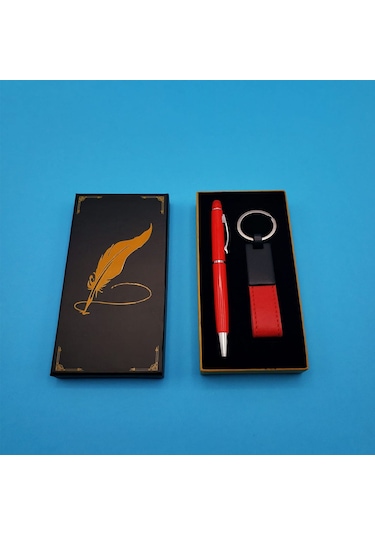 Kutulu Kırmızı Deri Anahtarlık Ve Touchpen Tükenmez Kalem Hediye Seti