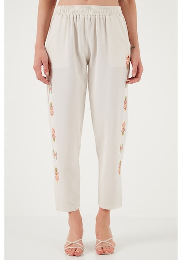 Lela Bohem Işlemeli Keten Ve Pamuk Karışımlı Şalvar Bayan Pantolon 5865050 Bej-Fuşya