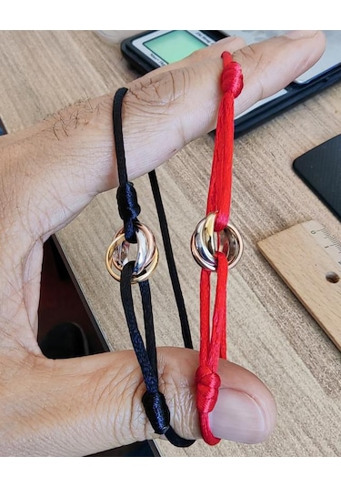 Kırmızı İpli Üç Renkli Halkalı Gümüş Bileklik