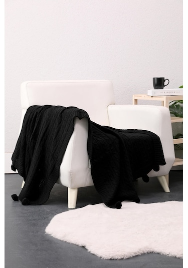 Biocotton Triko Ponponlu Örgü Tv Battaniyesi - Siyah