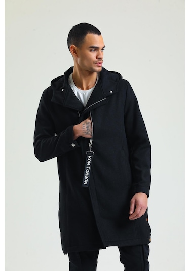 Erkek Regular Fit Kapüşonlu Fermuarlı Cepli Kışlık Astarsız Yünlü Uzun Kaşe Kaban 001