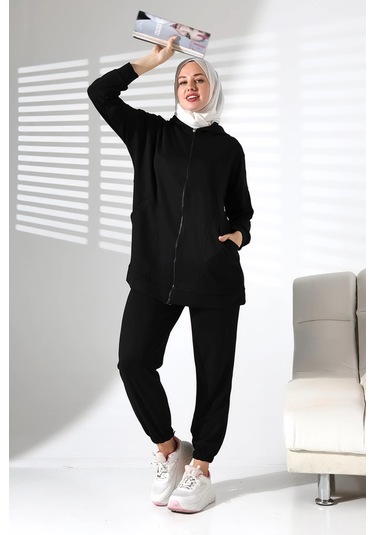 Kadın Mevsimlik Alt Üst Rahat Siyah Spor Ikili Tunik Pantolon Şık Tesettür Takım Siyah