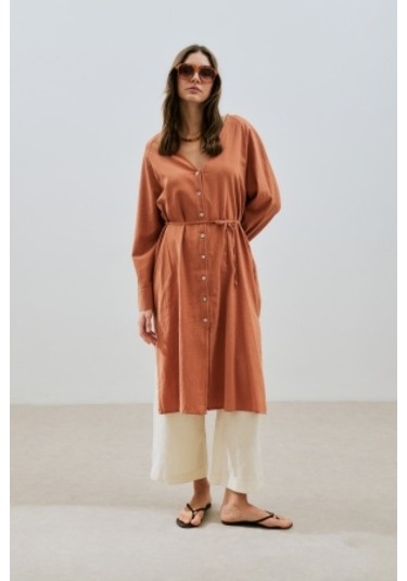 Dokulu Düğmeli Uzun Tunik Tarçın Tarçın