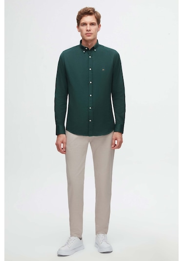 Ds Damat Slim Fit Yeşil Oxford Düğmeli Yaka Kolay Ütülenebilir Nakış Detaylı Pamuklu Gömlek 4HC02ORT03265 Yeşil