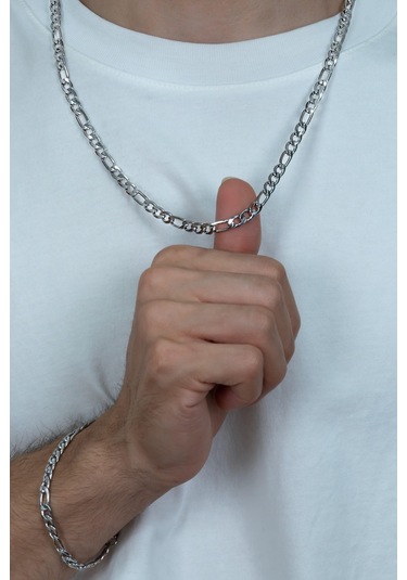 Figaro Erkek Çelik Kolye Bileklik Zincir Set Seçenekli Ack06T Beyaz