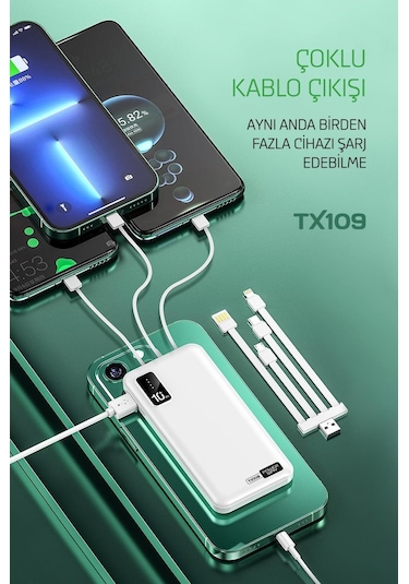 Powerway TX109 10.000 mAh Kablolu Dijital Göstergeli Dahili Stand Powerbank Siyah