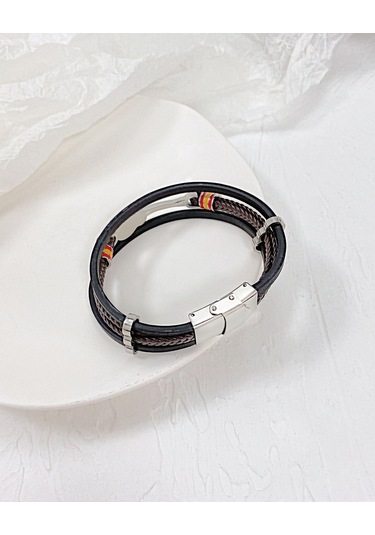 Avrupa Ve Amerikan Punk Erkek Deri Çok Katmanlı Örgülü Gitar Bilekliği Erkek Arkadaş İçin Gümüş - Siyah