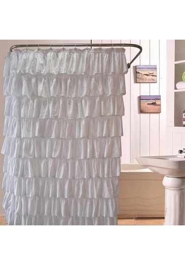 Su Geçirmez Oluklu Kenar Duş Perdesi Fırfırlı Banyo Perdesi Dekorasyonu Beyaz
