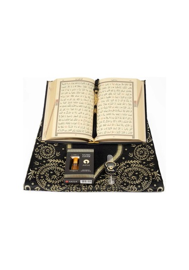 Kuran + Seccade + Tesbih + Zikirmatik + Koku Hediye Seti Çanta Boy, Kadife, Siyah