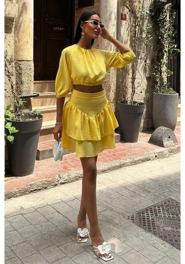 Crop Bluz Ve Kat Kat Etekli Takım 10207 Altın
