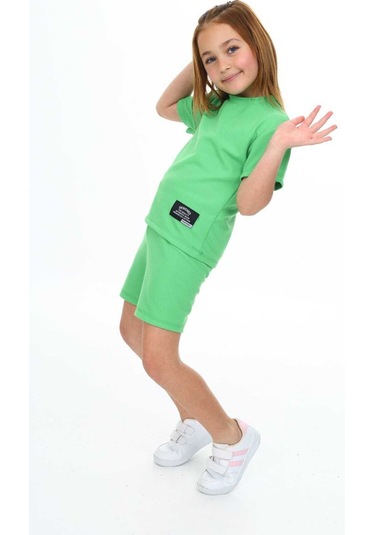 Bisiklet Yaka Şortlu Kız Çocuk Şortlu Takım Yeşil