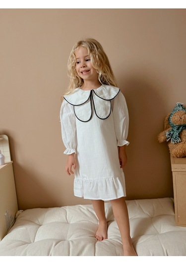 Linola Baby Kids Celine Kelebek Yaka Keten Elbise Ekru