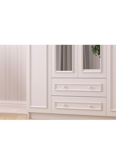 Lina Country 4 Kapak 2 Çekmeceli Aynalı Mega Gardırop Beyaz