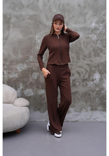 Elaxi Modal Kumaş Slim Fit Kapüşonlu İkili Takım Kahverengi