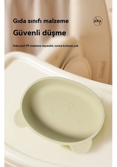 Jianfan Ayıcık Desenli Vakumlu Silikon Mama Kabı Bebek Beslenme Kasesi Haki Haki