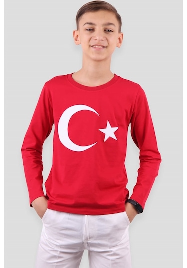 Erkek Çocuk Türk Bayraklı Uzun Kollu Tişört Kırmızı (5-10 Yaş)