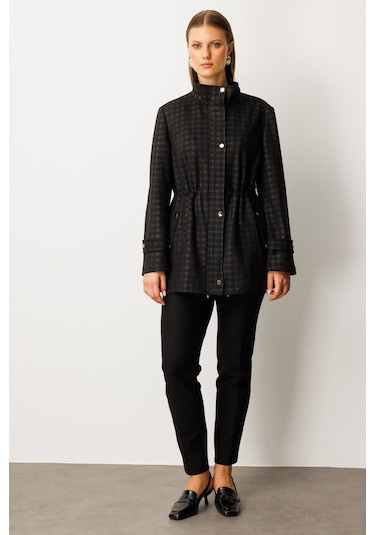 Ekol Kadın Büyük Beden Beli Lastikli Kazayağı Desenli Trenç 7541 Siyah Siyah