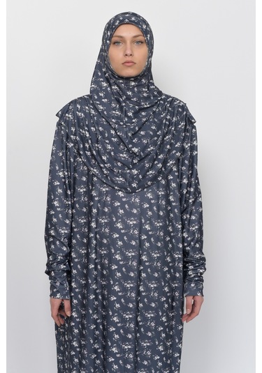 Pratik Tek Parça Çiçek Desenli Kollu Tak Çıkar Başörtülü Likralı Tesettür Namaz Elbisesi 990-0201 Siyah Antrasit