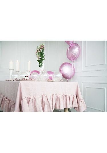 Buldan Keten Fırfırlı Vintage Pastel Pembe Masa Örtüsü
