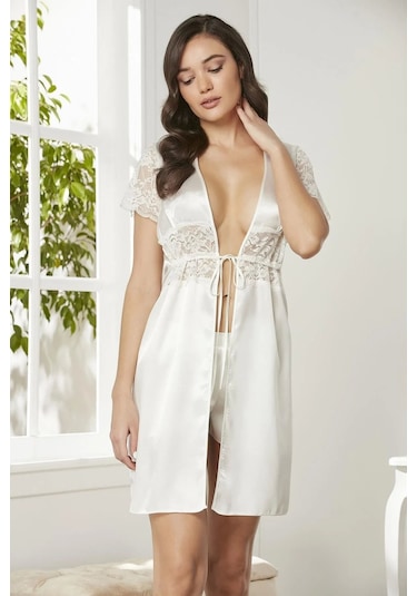 Pierre Cardin Saten Dantelli Midi Sabahlık 1020 Ekru Çok Renkli