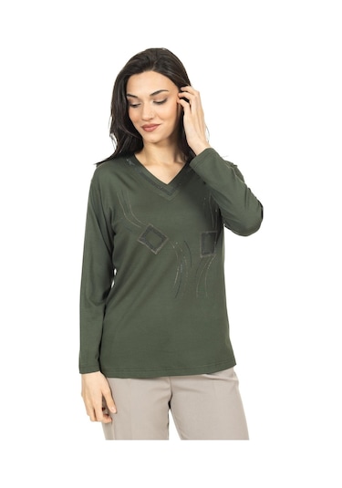 Kadın Orta Yaş Ve Üzeri Yeni Model V Yaka Taş İşlemeli Anne Penye Bluz 30560-haki Yeşili Haki Yeşili