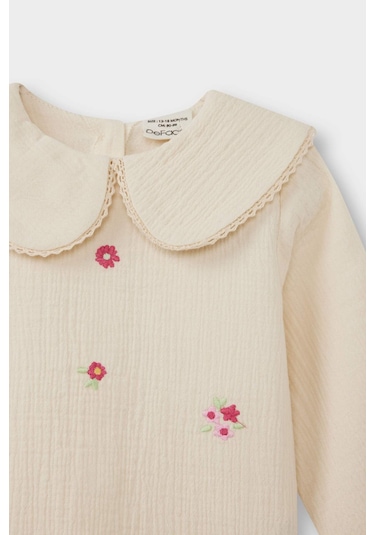 Defacto Kız Bebek Bebe Yaka Çiçekli Müslin Uzun Kollu Bluz G3494a525auer102 Ekru