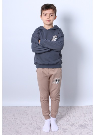 Erkek Çocuk Kapşonlu Eşofman Takımı Mickey Mouse Sırt Baskılı Ribanalı F3 Bej