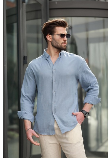 Madmext Mavi Basic %100 Pamuklu Uzun Kollu Erkek Gömlek E6761 Mavi