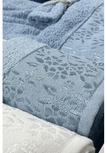 Platin Jakarlı 10 Parça Aile Bornoz Takımı Krem Mavi Çok Renkli