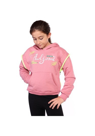 Toontoy Kız Çocuk Baskılı Kanguru Cepli Sweatshirt Gülkurusu