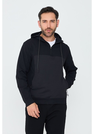 White Stone Siyah Kapüşonlu Yarım Fermuarlı Yandan Cepli Erkek Sweatshirt