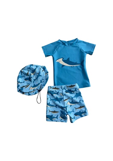 Petityu 3 Lü Uv Korumalı Erkek Çocuk Şapka Mayo T-shirt 3 Lü Set Mavi Köpekbalığı Desenli Hammershark Mavi