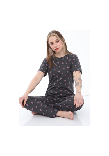 Fames Pijama Antrasit Kalp Desenli Pamuklu Yazlik Pijama Takim Antrasit